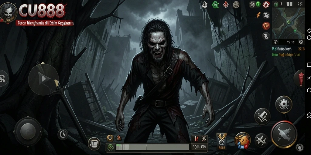 Screenshot gameplay CU888 dengan suasana horor yang mencekam.
