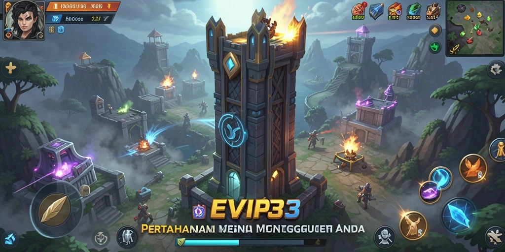 Screenshot gameplay <strong>EVIP3</strong> menunjukkan aksi menara mempertahankan kerajaan.