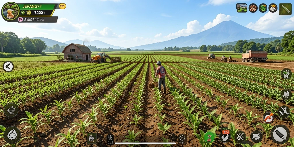 Screenshot menarik dari gameplay <strong>JEPANG77</strong> menunjukkan aktivitas bertani yang seru.