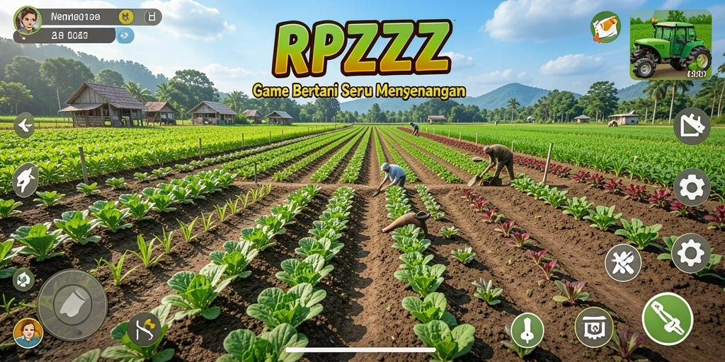 Tangkapan layar gameplay RPZZZ menampilkan ladang yang subur dan beragam tanaman.